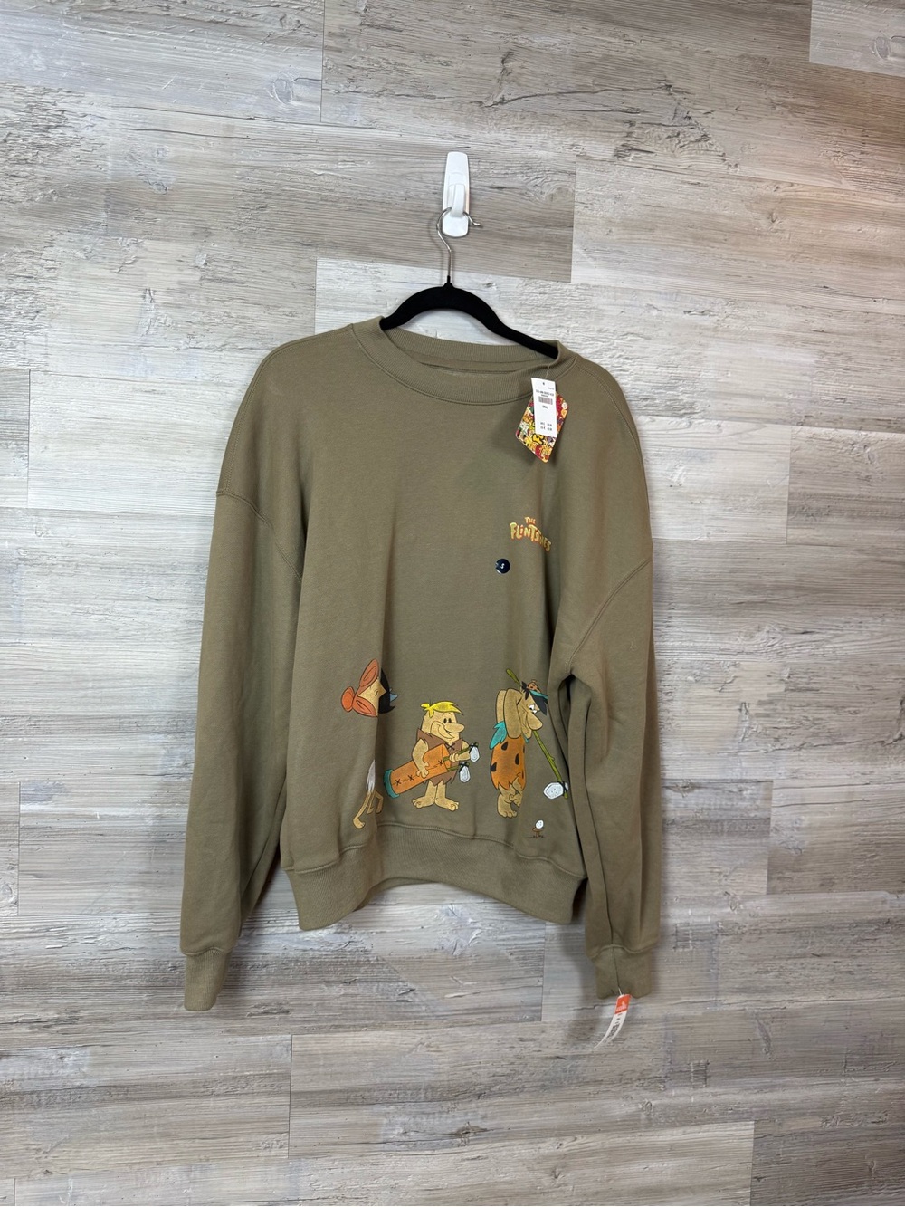 NWT Hollister Flintstones Graphic Crewneck Sweatshirt Small Boxy Fit Olive Green